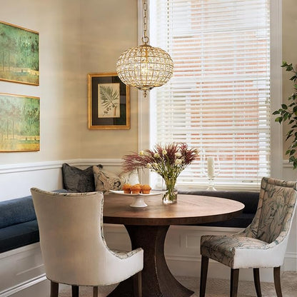 12" Globe Crystal Chandelier, Farmhouse Round Gold Crystal Pendant Light 1-Light Antique Foyer Chandelier for Dining Room Living Room Hallway Entryway