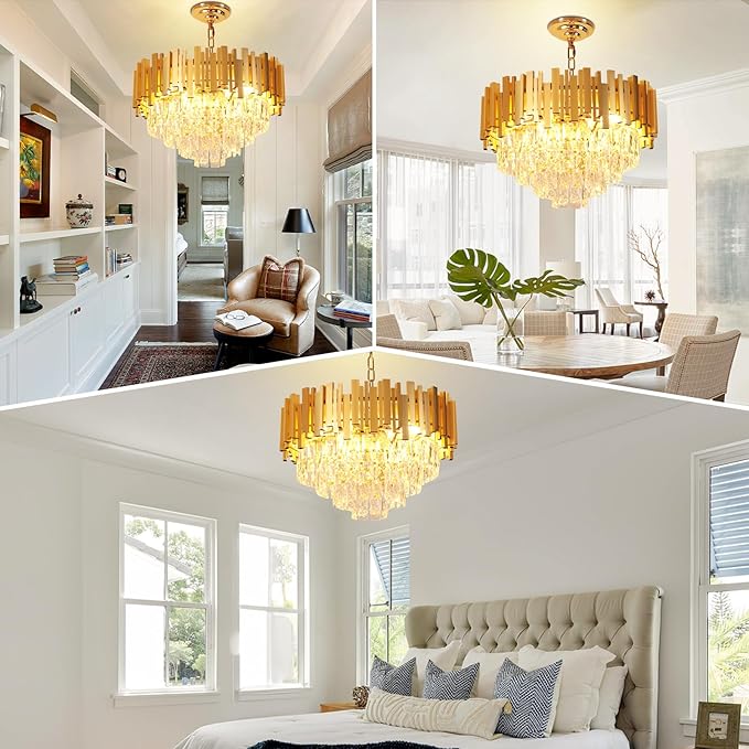 Depuley Modern Gold Crystal Chandelier: 6-Light 4-Tier Flush Mount Chandelier 12 Inch Luxury Round Hanging Pendant Light Fixture for Porch Bedroom Dining Room Foyer Included Bulbs