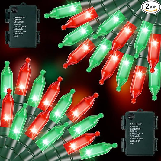 RECESKY 2 Pack Christmas String Lights with Built-in Timer - Total 100 LED 36ft Fairy Battery String Lights - Mini Lighting for Wedding Festival Roofline Porch Christmas Eve Decorations - Red Green