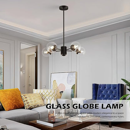 Bagood 5-Light Globe Sputnik Chandelier Black Mid Century Sputnik Chandeliers Dimmable Globe Pendant Light Matte Black Finished with Clear Glass Lampshade Chandeliers for Dining Room