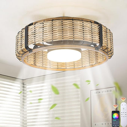 Ganeed 20" Bamboo LED Dimmable Ceiling Fan with Light and Remote Control, Boho Rattan Caged Ceiling Fans with Lights 6 Speed/Timer/RGB Flush Mount Fandelier for Kitchen Living Room Indoor Bedroom