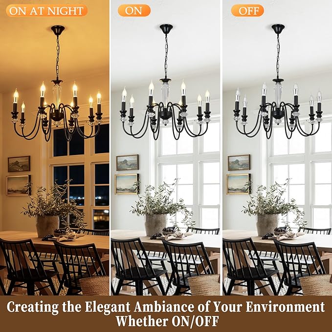 Black Chandelier, 8-Light Farmhouse Candle Chandelier for Living Room, Rustic Industrial Pendant Chandeliers for Dining Room, Vintage Crystal Hanging Light fixture for Hallway Kitchen Foyer E12