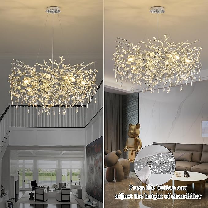 Tree Branch Chandelier Modern Crystal Pendant Light, Luxury Chrome Art Deco Raindrop Lighting Fixture for Dining Room Bedroom Living Room 10 Lights D30''
