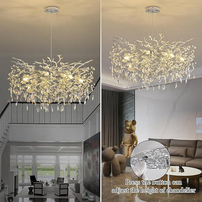 Tree Branch Chandelier Modern Crystal Pendant Light, Luxury Chrome Art Deco Raindrop Lighting Fixture for Dining Room Bedroom Living Room 10 Lights D30''