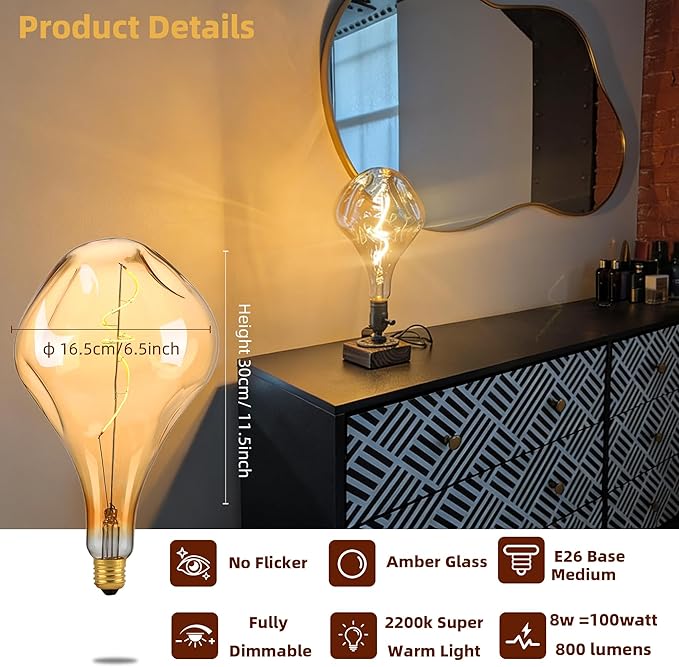 Oversized Giant Vintage Edison Light Bulb, Dimmable 2200K Warm Amber Glow, 8W Edison Bulb (100W Equivalent) with E26 Base, A165 Extra Long Irregular Globe for Pendant, Ceiling & Floor Lamps 1Pack