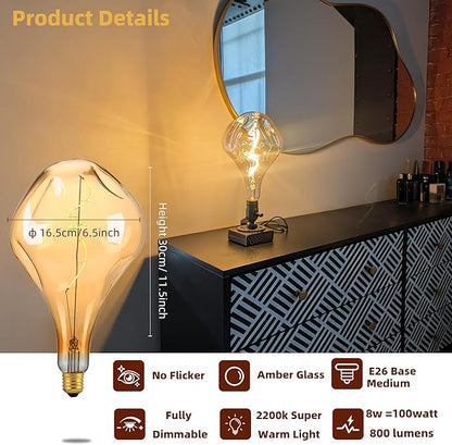 Oversized Giant Vintage Edison Light Bulb, Dimmable 2200K Warm Amber Glow, 8W Edison Bulb (100W Equivalent) with E26 Base, A165 Extra Long Irregular Globe for Pendant, Ceiling & Floor Lamps 1Pack