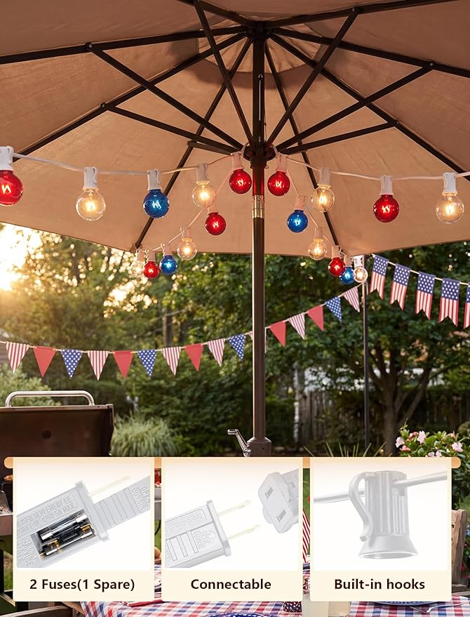 25FT G40 Red White and Blue Lights, 4th of July Outdoor String Lights with 27 Shatterproof G40 Bulbs(2 Spare), Independence Day for Patriotic Party Patio Garden Backyard Decor, 5W