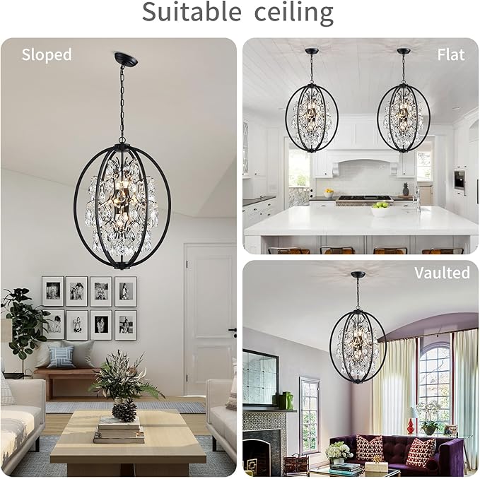 WUZUPS Globe Crystal Chandelier Raindrop Pendant Flushmount Ceiling Light Modern Lighting Fixture for Bedroom Hallway Bar Kitchen Bathroom, H 23.6" x W 19.7", Black, 8 E12 Base