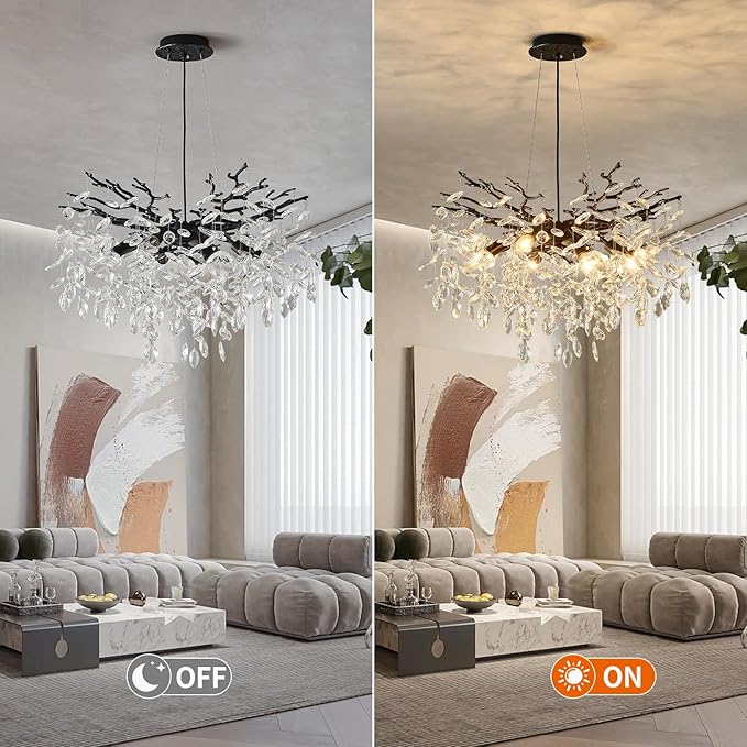 EGM Black 24 Inch Tree Branch Crystal Chandelier, Modern Raindrop Crystal Ceiling Light Fixtures 8-Light(E12), Hanging Round Chandeliers for Dining Room Living Room Bedroom Foyer