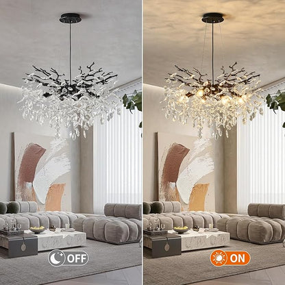 EGM Black 24 Inch Tree Branch Crystal Chandelier, Modern Raindrop Crystal Ceiling Light Fixtures 8-Light(E12), Hanging Round Chandeliers for Dining Room Living Room Bedroom Foyer
