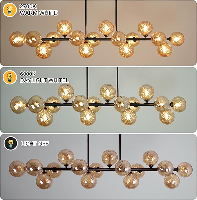 Linear Sputnik Chandelier, 55" Dining Room Light Fixture Modern Chandelier with Amber Swirled Globe 16 Lights Long Chandeliers for Dining Room Kitchen Island Large Chandelier for High Ceilings