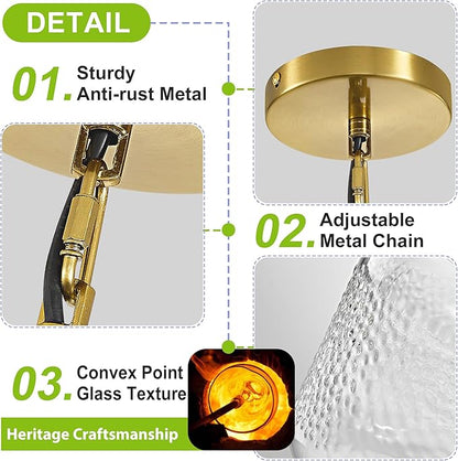 Glass Pendant Lights Kitchen Island, 9.84'' Brass Gold Pendant Lighting Fixtures, Modern Hanging Ceiling Light with Clear Hammered Glass Shade for Farmhouse Dining Room Bedroom Hallway(1 Pack)