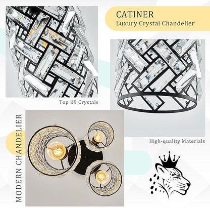 CATINER 3 Lights Crystal Pendant Light Modern Black Mini Chandelier, Adjustable Cluster Pendant Light Fixture for Kitchen Island Dinning Room Bedroom Hallway Porch