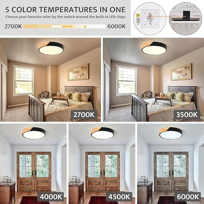 Modern Dimmable Wood Ceiling Light, Minimalist LED 5CCT 2700K-6000K Flush Mount Ceiling Light Fixture, Round Lighting Lamp for Bedroom, Laundry Room, Hallway, Entryway, Black, 11.8"