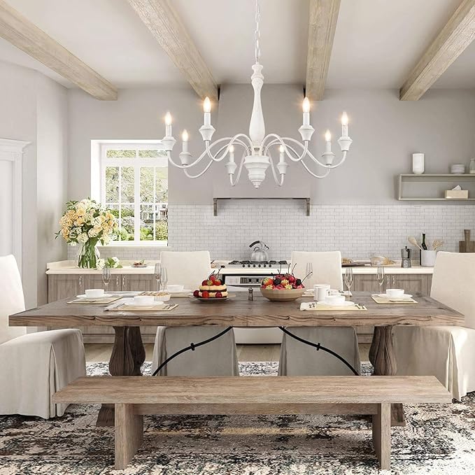 French Country Chandelier, 8-Lights Farmhouse Chandeliers for Dining Room Distressed White Chandelier, Rustic Candle Chandelier for Living Room Bedroom Kitchen