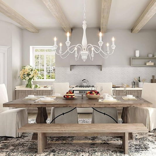 French Country Chandelier, 8-Lights Farmhouse Chandeliers for Dining Room Distressed White Chandelier, Rustic Candle Chandelier for Living Room Bedroom Kitchen