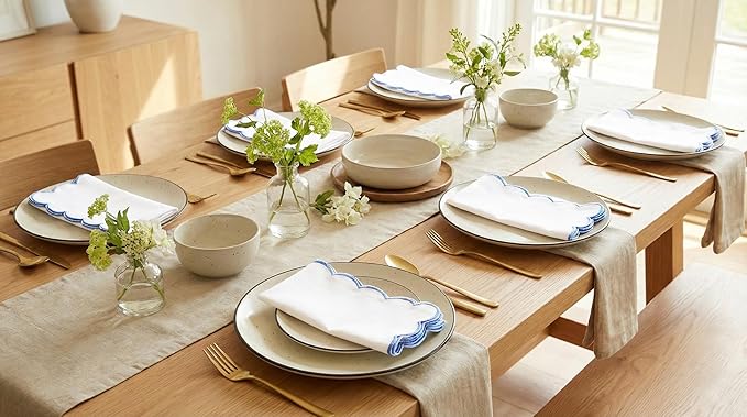 PurpleEssences Scalloped Embroidery Cloth Napkins - Spring Easter Summer - Table Decor - 100% Cotton - Set of 4-18x18 inch - White - Edges - Light Blue
