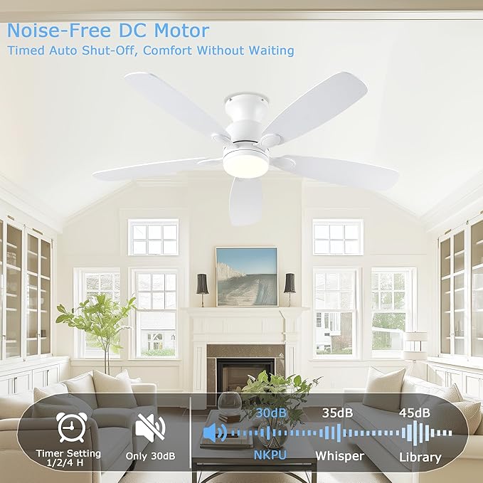 NKPU 52inch Ceiling Fans with Lights, Low Profile White Ceiling Fan with Light and Remote/APP Control, DC Reversible Motor, Noiseless, Flush Mount Ceiling Fan for Bedroom Living Room Patios