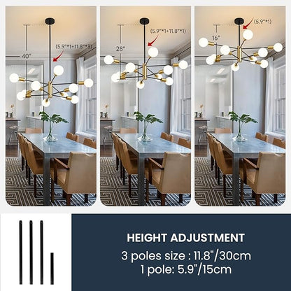 Sputnik Chandeliers Modern Black and Gold Chandeliers 10-Light Mid Century Farmhouse Chandelier Ceiling Light Fixture Height Adustable Pendant Light for Kitchen Island Living Room Dining Room