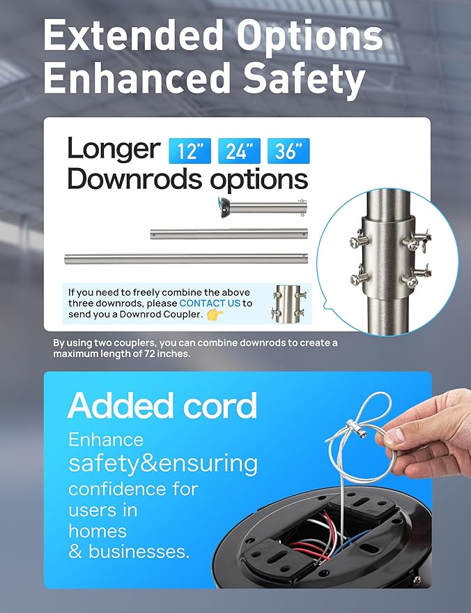 100 Inch Large Industrial HVLS Ceiling Fan with Light and Remote,High CFM Ceiling Fan with 6 Brushed Nickel Double-Layer Aluminum Blades and 12/24/36in Downrod,Quiet DC Motor Outdooor Fan for Patio
