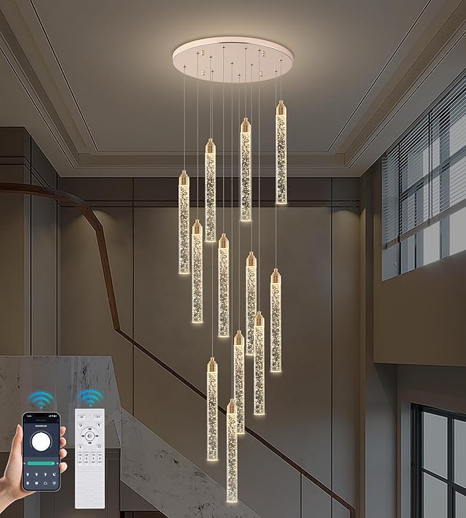 Crystal Staircase Chandelier, Modern Gold Large Spiral Dimmable LED Cluster Raindrop Foyer Chandelier Lighting, Bubble Living Room Hanging Light Fixture 12 Light Remote Control