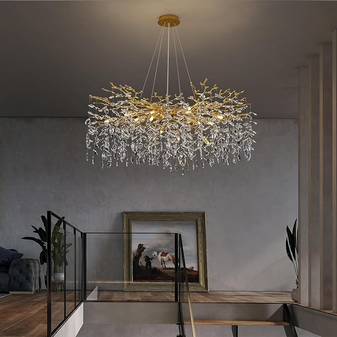 Crystal Tree Branches Chandeliers Round Raindrop Pendant Light Fixture 15 Lights for Dining Room Bedroom Living Room Entryway 39.5" Gold