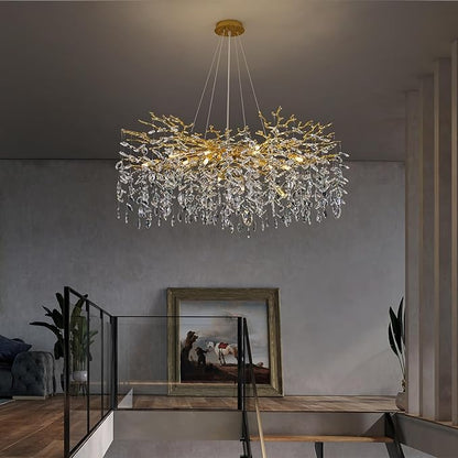Crystal Tree Branches Chandeliers Round Raindrop Pendant Light Fixture 15 Lights for Dining Room Bedroom Living Room Entryway 39.5" Gold