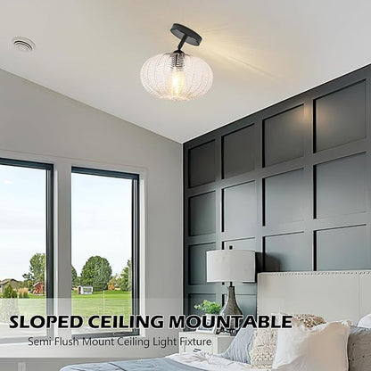 Bagood Black Semi Flush Mount Ceiling Lights Fixture Farmhouse Globe Glass Mid Century Light Fixtures Textured Glass Hallway Lights Fixtures Vintage Ceiling Light for Bathroom Entryway(Bulb Incl.)