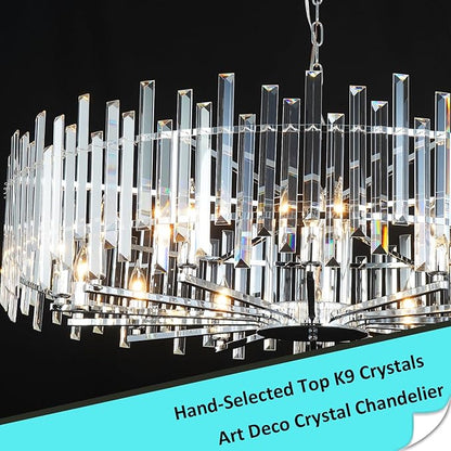 Modern Crystal Chandelier Chrome, 39.4" Large Round Dining Room Chandelier Luxury Top K9 Hanging Pendant Light Fixture for Living Room Bedroom Entryway