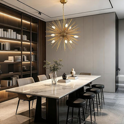 23.8" Modern Sputnik Chandelier 9-Lights Mid-Century Modern Starburst Golden Chandelier Luxury Gold Solid Metal Sputnik Satellite Chandeliers for Dining Room, Kitchen Island, Bedroom, E12