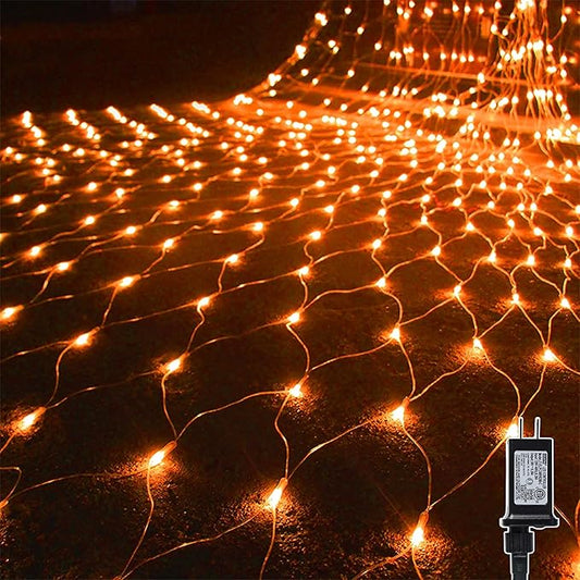WATERGLIDE Outdoor Halloween Net Lights, 12FT x 5FT 360 LED Fairy String Light with 8 Lighting Modes, Connectable Light Safe Adaptor for Garden Tree, Bushes, Holiday Wedding Party Decorations, Orange