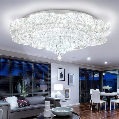 32in Modern Crystal handeliers for Living Room,Large Crystal Chandelier with Remote Control Flush Mount Chandeliers for Bedrooms Dining Room Dimmable 2700K-6000K