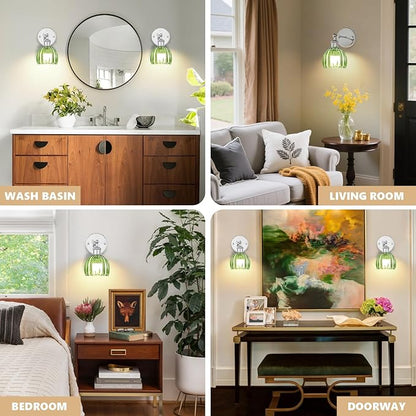 Vintage Battery Operated Wall Sconce, Green Tulip Glass Lampshade Wireless Rechargeable Battery Powered LED Wall Light with Remote Dimmable for Bedside Bedroom Living Room, Silver, Set of 2