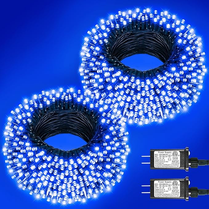 2 Pack Christmas Lights Outdoor, Total 200FT 600 LED String Lights for Outside Waterproof with 8 Modes, Connectable Plug In Fairy Lights for Indoor Patio Garden Party Holiday Decorations, Blue
