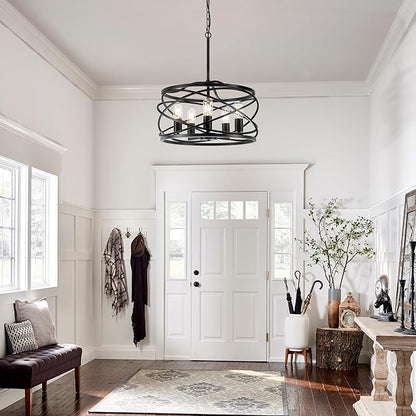 19.7'' Black Farmhouse Chandelier - 5-Light Industrial Drum Black Chandeliers for Dining Room Hanging Light Fixture for Entryway Kitchen Foyer Bedroom Living Room