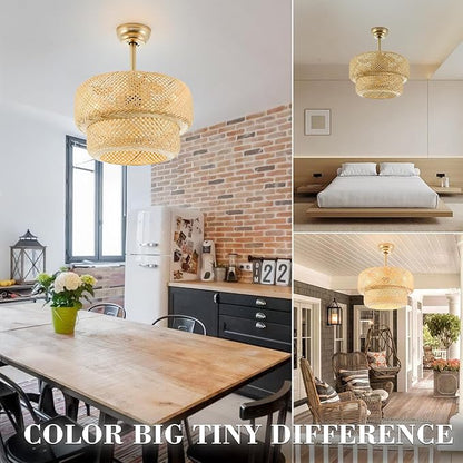 19.3" Bamboo Caged Ceiling Fan with Lights and Remote,4-Light Boho Rattan Ceiling Fan with Light Reversible Motor, Farmhouse Rattan Chandelier Fan for Bedroom, Living Room