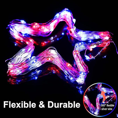 Memorial Day 4th of July Patriotic Decorations, Red White Blue Solar Fairy String Lights Outdoor Waterproof, 2Pack Total 200LED 66Ft, IP67 8 Modes Outside for Garden, Patio, Yard
