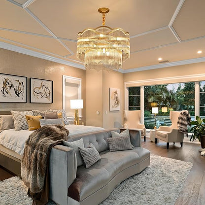 22.83" Gold Clear Glass Crystal Chandelier 8-Light Modern Crystal Pendant Ceiling Light Fixture 2-Tier Luxury Glass Chandeliers,for Dining Room Kitchen Island Living Room Bedroom