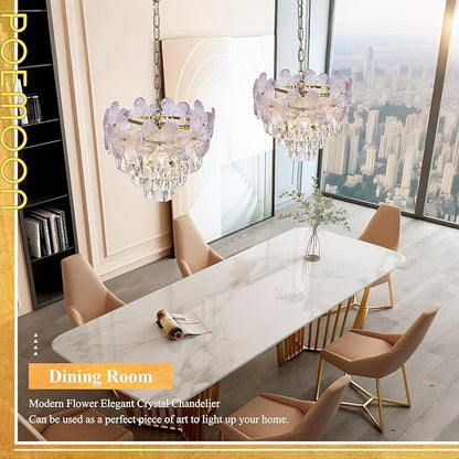 Modern Purple Flower Elegant Chandeliers 3-Lights 14" K9 Crystal Luxury Gold Chandelier Lighting 4 Tiers Small Ceiling Pendant Light Fixture for Dining Room Kitchen Island Entryway Bedroom