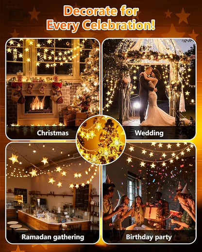 Twinkle Star 100 LED Star String Lights, 33FT Plug in Fairy String Lights Waterproof for Bedroom Decor, Indoor, Outdoor, Wedding Party, Christmas Tree, New Year, Ramadan, Warm White