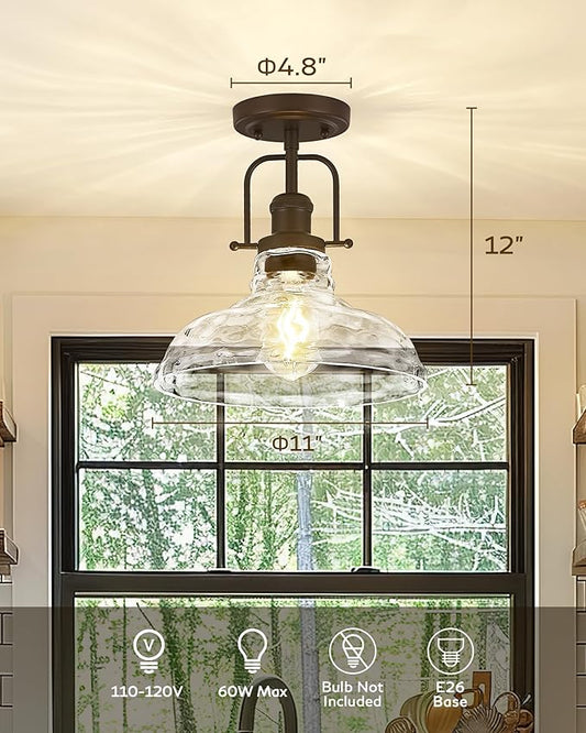 FEMILA 11" Farmhouse Flush Mount Ceiling Light Fixture, Semi Flush Kitchen and Bedroom Ceiling Light with Water Ripple Glass Shade, Oil Rubbed Bronze, Rustic Industrial Lighting, 4FY09-F ORB-WG