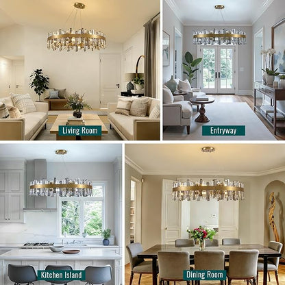 Siljoy Modern Crystal Chandelier 20 Lights Large Brushed Brass Gold Round Raindrop Chandelier Luxury 2-Tier K9 Crystal Pendant Ceiling Light for Dining Living Room Kitchen Foyer D39.4''