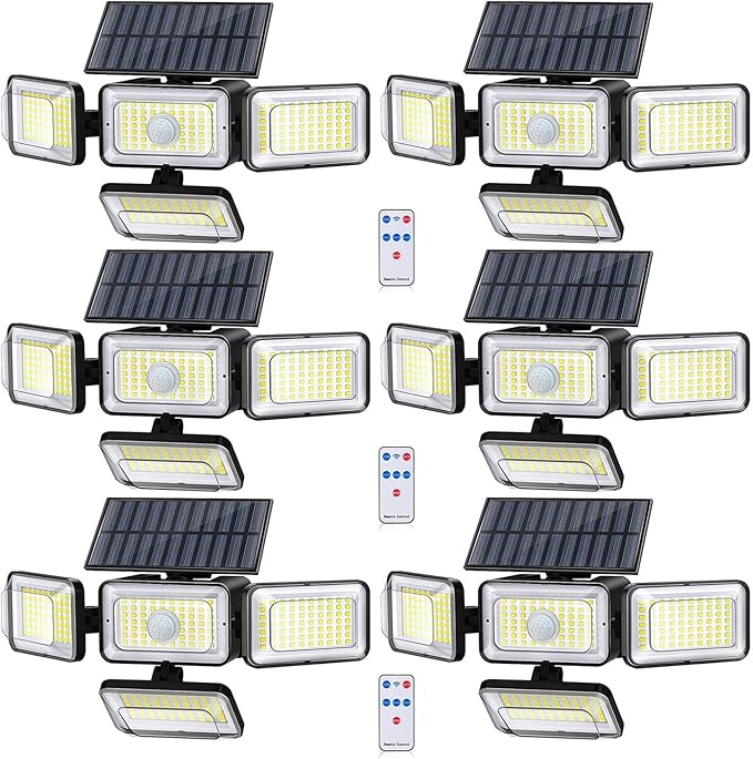 Solar Lights Outdoor, 288 LED 2800LM Motion Sensor Outdoor Light with Remote Control, 4 Heads IP65 Waterproof Solar Flood Security Lights for Outside Patio Wall -6PACK