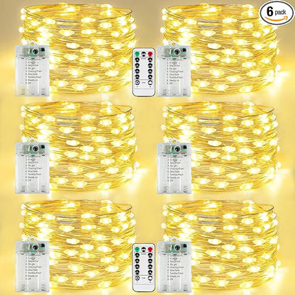 6 Pack Fairy Lights Battery Operated with Remote Control Timer, 26 FT 80 LED String Lights Outdoor Indoor, 8 Mode Twinkle Lights for Christmas Party Wedding Birthday Bedroom Decorations (Warm White)