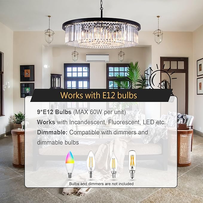 Wellmet Modern Black Crystal Chandelier, 33.5" Large 3-Tier Round Pendant Light with Adjustable Chain, 9-Light Luxury Crystal Ceiling Fixture for High Ceiling Foyer, Grand Living Room, Dining, Bedroom