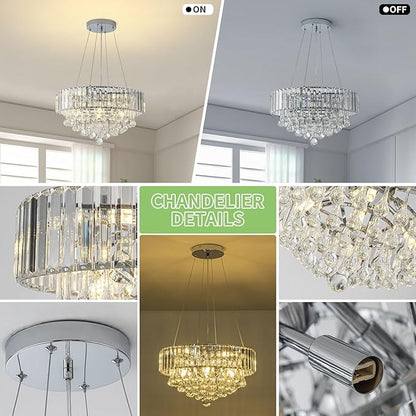 HOPGGIE 17 Inch Crystal Chandeliers Flush Mount Chandelier G9 Base Round Modern Ceiling Light Fixture Pendant Lighting for Living Room Dining Room Laundry Room Kitchen Bedroom (Chrome)