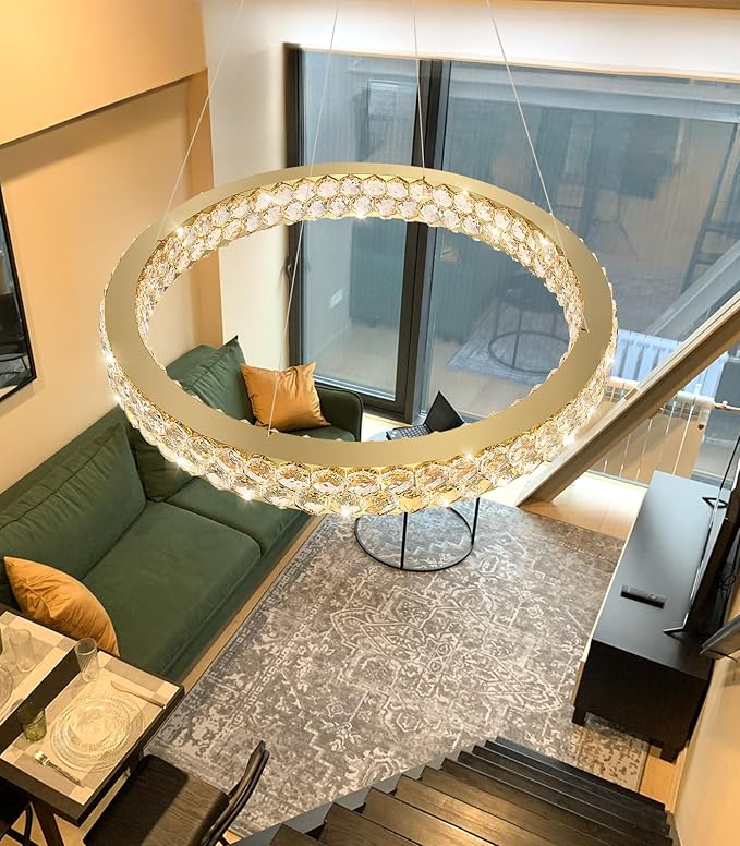 Modern Ring Chandelier, Crystal Chandeliers for Dining Room Round Ceiling Light Fixture for Living Room Bedroom Lighting LED Dimmable with Remote Ring Lights, 32inch Gold Light