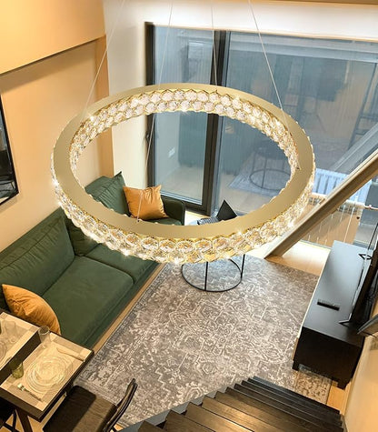 Modern Ring Chandelier, Crystal Chandeliers for Dining Room Round Ceiling Light Fixture for Living Room Bedroom Lighting LED Dimmable with Remote Ring Lights, 32inch Gold Light