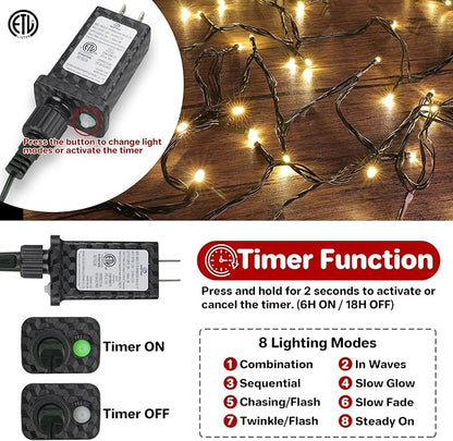 FairyGlim Christmas Lights Outdoor 100LED 33FT, Green Wire Connectable Christmas String Lights | 8 Modes Twinkle Fairy Lights Plug in with Timer, for Indoor Outside Xmas Trees Garden Party, Warm White
