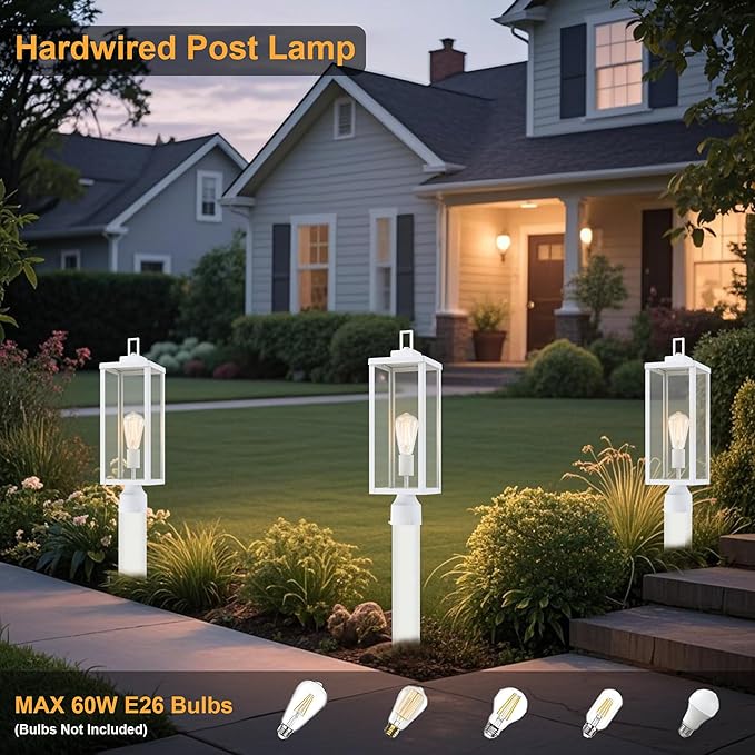 GRUENLICH Outdoor Lamp Post Light Fixtures, Exterior Pole Lantern with Tempered Glass, 20 Inch Fence Post Lighting for Garden Yard Pathway, White, 2 Pack